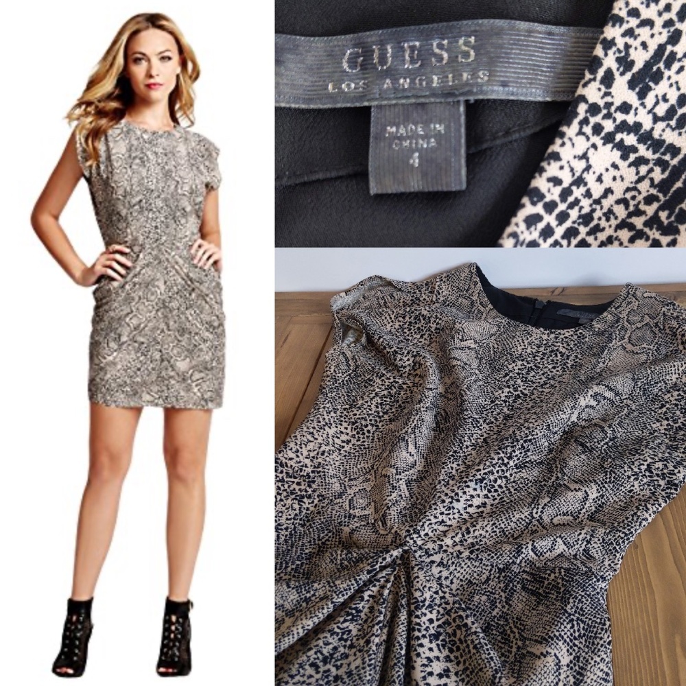 Guess Snake Print Draped Tulip Sleeve Mini Dress
